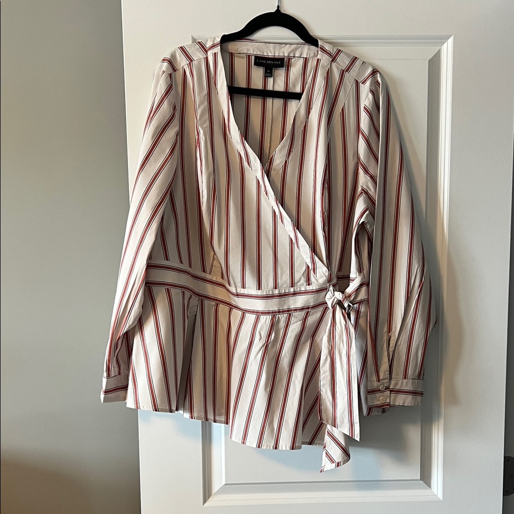 Lane Bryant Red and White Striped Wrap Blouse